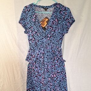 Iman Blue Purple Leopard Print Boho Maxi Dress, Flared Skirting, Sz 8 NWT